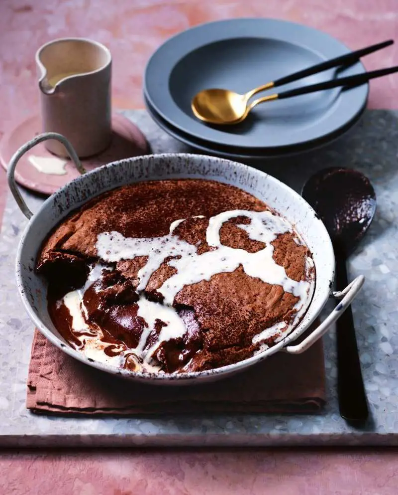 Dark chocolate self-saucing pudding is perfect for a quick midweek treat and a guaranteed hit at dinner parties