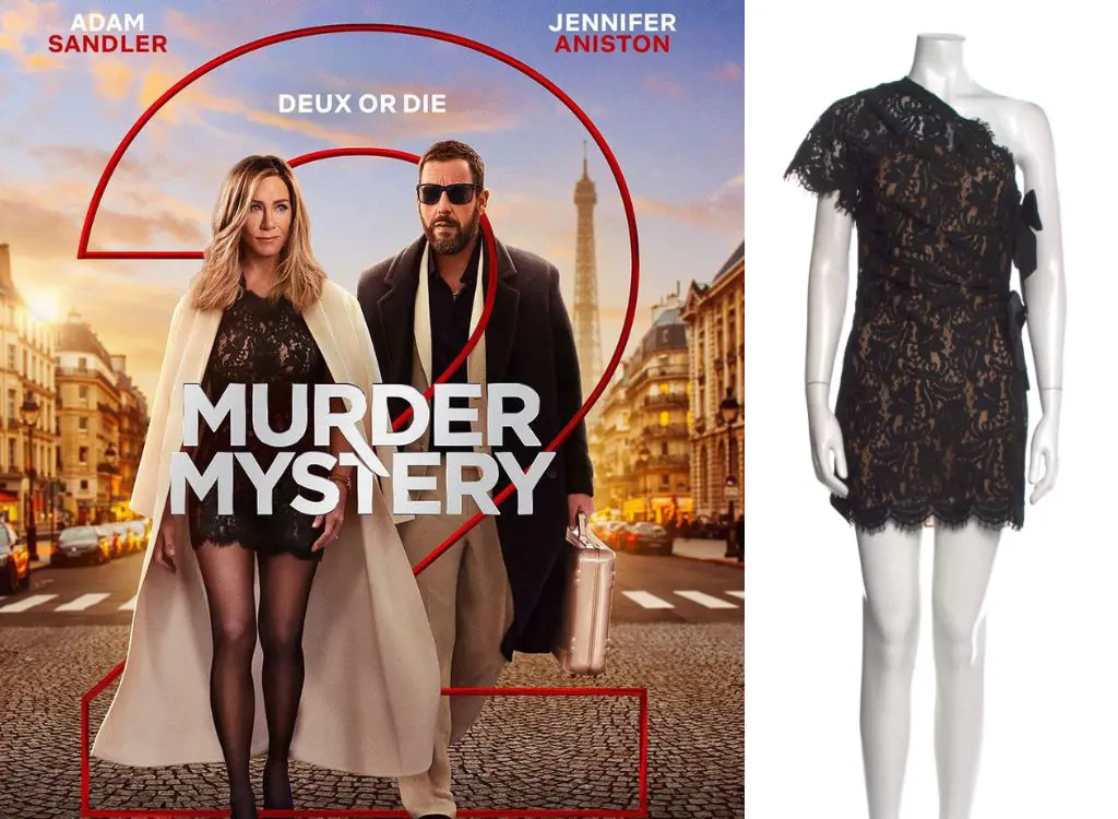 The Lace dress worn by Jennifer on the poster of Murder Mystery is from the French brand YSL