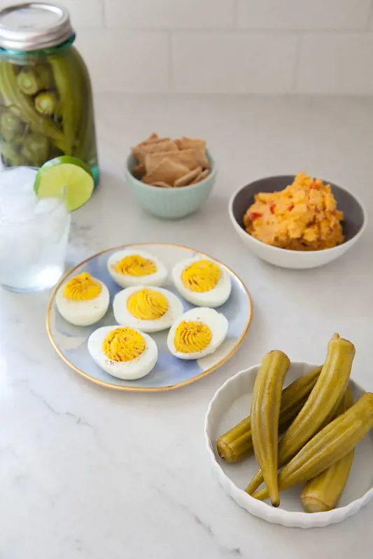 The flavors in Deviled eggs are balanced by the pickled okra