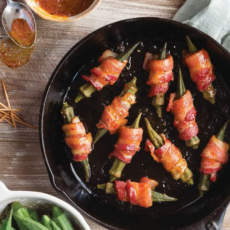 Stuffed okra wrapped in bacon makes for the perfect appetizer
