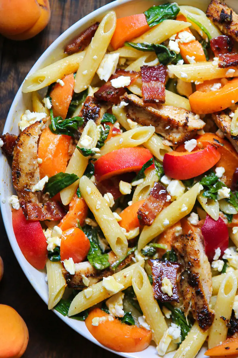 This Chicken Pasta Salad includes Spinach, Bacon, and Apricots with Honey Mustard Lemon Dressing