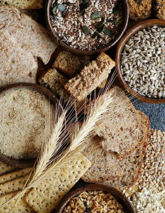 Whole grains are rich in iron, folic acid, and fiber; some choices include whole grain bread, whole grain cereal, and brown rice