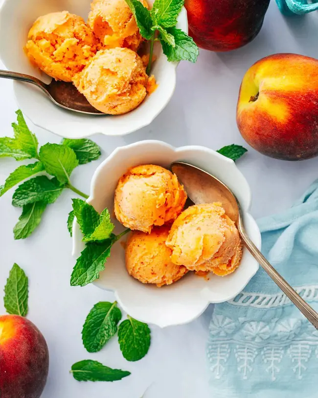 Peach Sorbet is a frozen dessert that can be enjoyed during the summer time