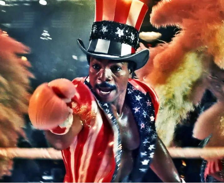 American actor and former professional football player Carl Weathers as Apollo Creed in Rocky IV in 1985